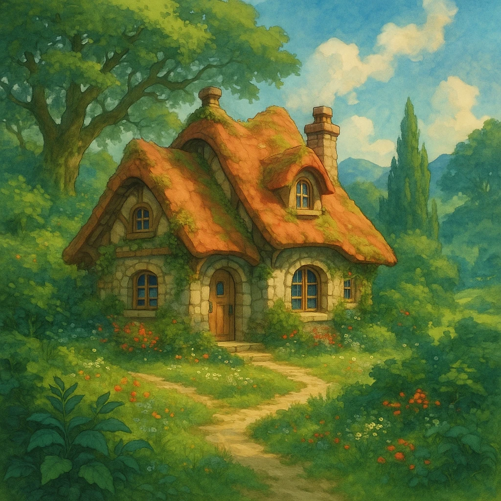 a cozy cottage in a magical landscape, ghibli style, detailed, enchanting, lush environment emoji