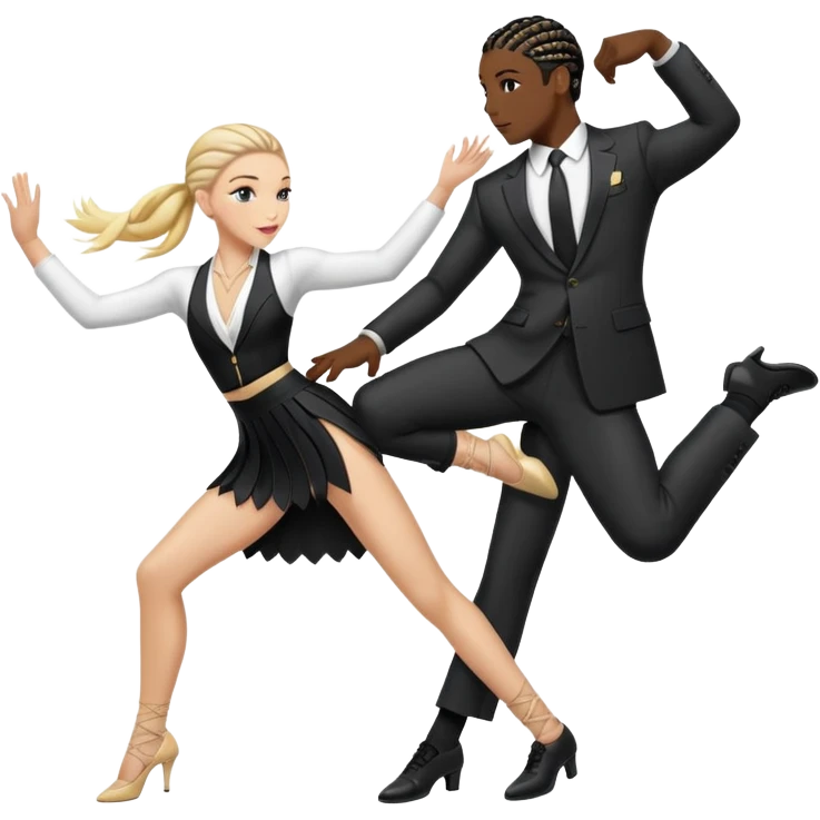 Black guy with black  cornrows in a suit with white girl with blonde hair and a fancy dress doing a split posing for a fashion show emoji