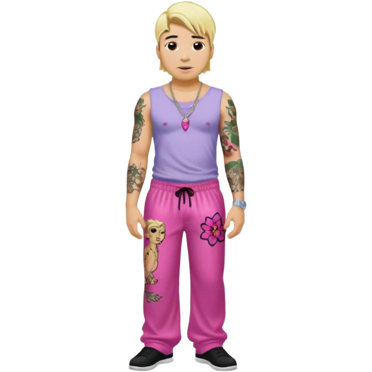Chino Moreno with blonde hair, dark pink sequin baggy pants, shirtless with necklace emoji