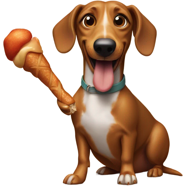 Wiener dog with a chicken drumstick smiling emoji