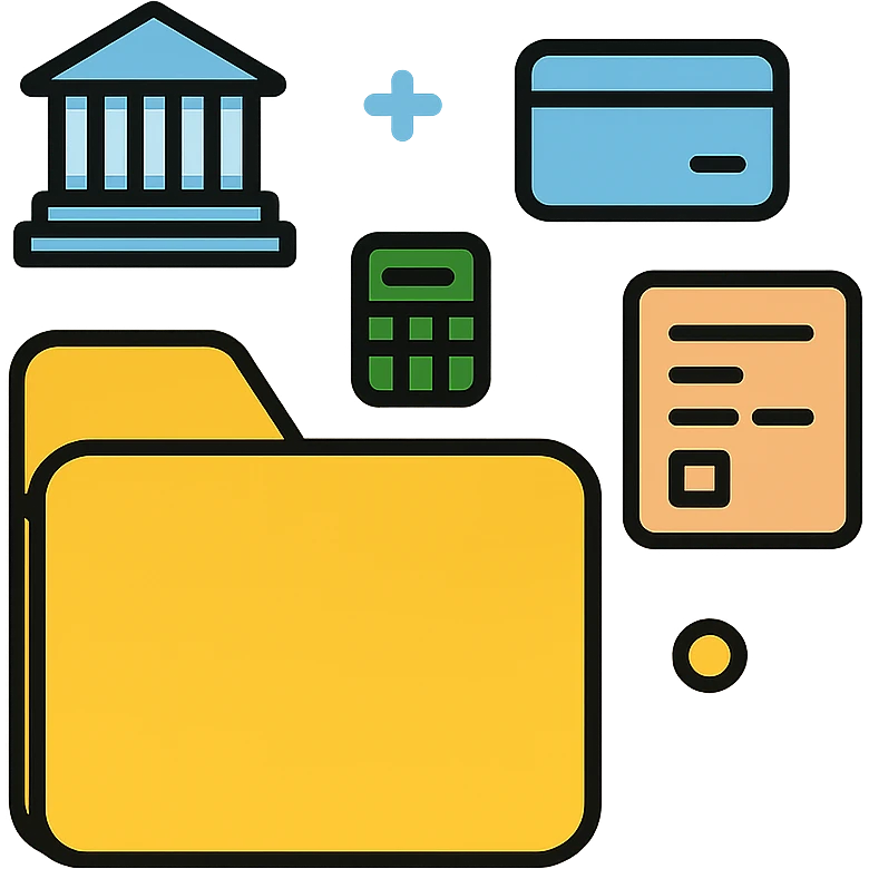 Closed folder icon with small symbols floating around: bank building, credit card, calculator, and document – organized financial archive emoji