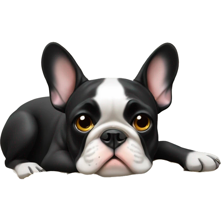 Black-and-tan French bulldog laying on big pile of gold coins emoji