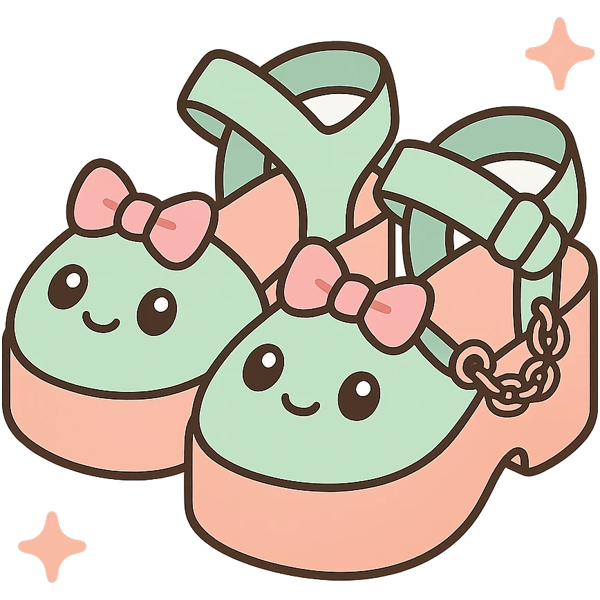 Transform these primarily black kawaii gothic shoes with pink and pastel accents, silver studs and chains, into platform sandals, no socks, no hearts, transparent background emoji