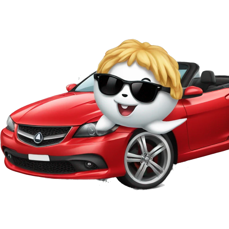 Great white shark with sunglasses driving a convertible red car emoji