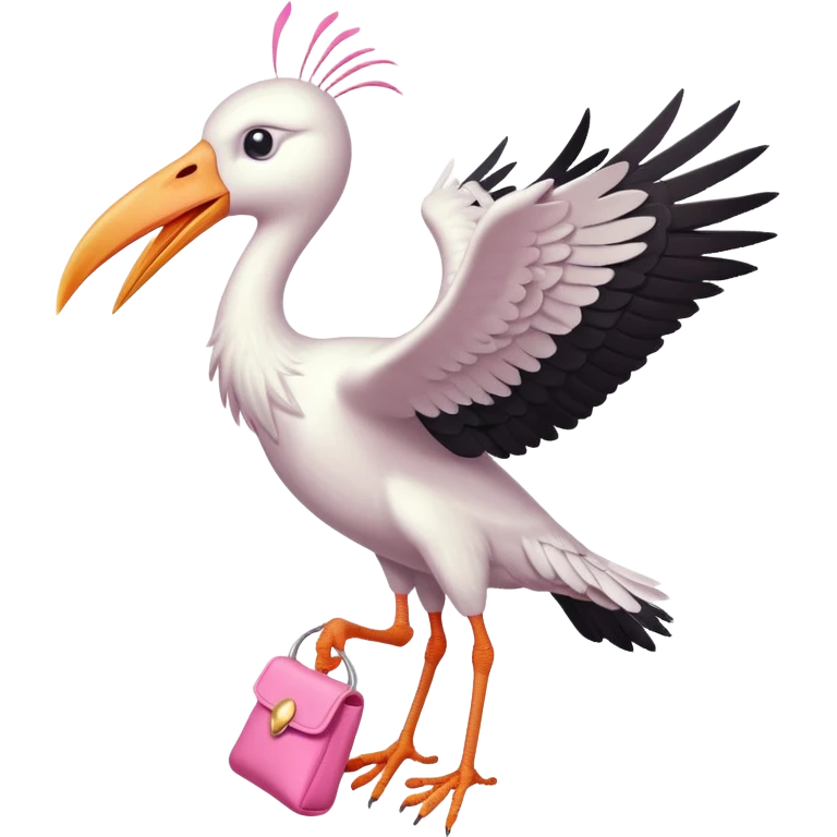 One white stork carrying a pink pouch while flying emoji