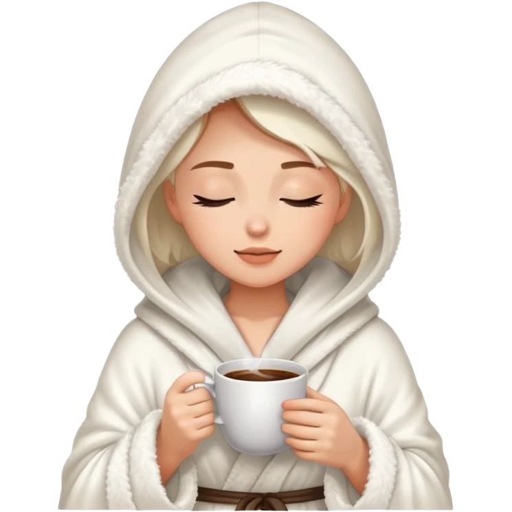 Woman wearing a fluffy hooded robe sipping coffee with her eyes closed emoji
