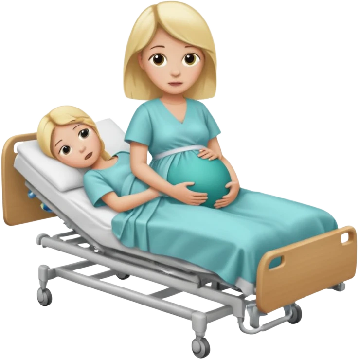 One blonde Pregnant woman in hospital bed with legs elevated unhappy emoji