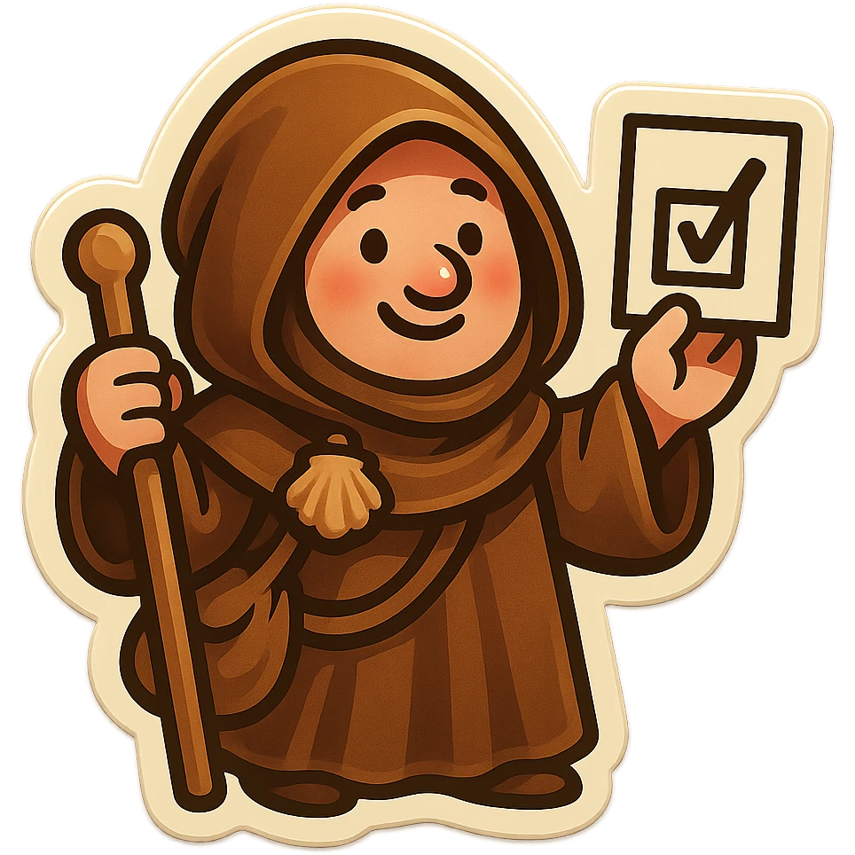medieval pilgrim holding a voting slip, brown cloak, cute and funny, sticker style emoji