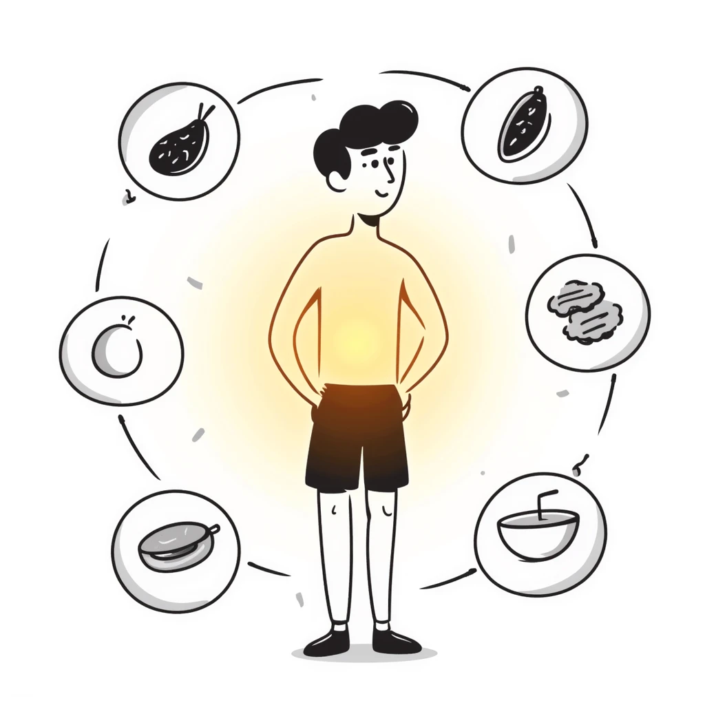 A warm glowing orb with food icons (meat, egg, beans, tofu, yogurt) orbiting around a semi-transparent muscular human body. The body is illuminated from within, with subtle muscle fibers that vibrate and expand. emoji