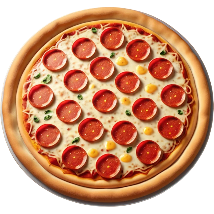 "A whole pepperoni pizza, hyper-realistic, glossy 3D illustration, soft studio lighting, bright red pepperonis, yellow cheese, brown crust, white background, iOS emoji style." emoji