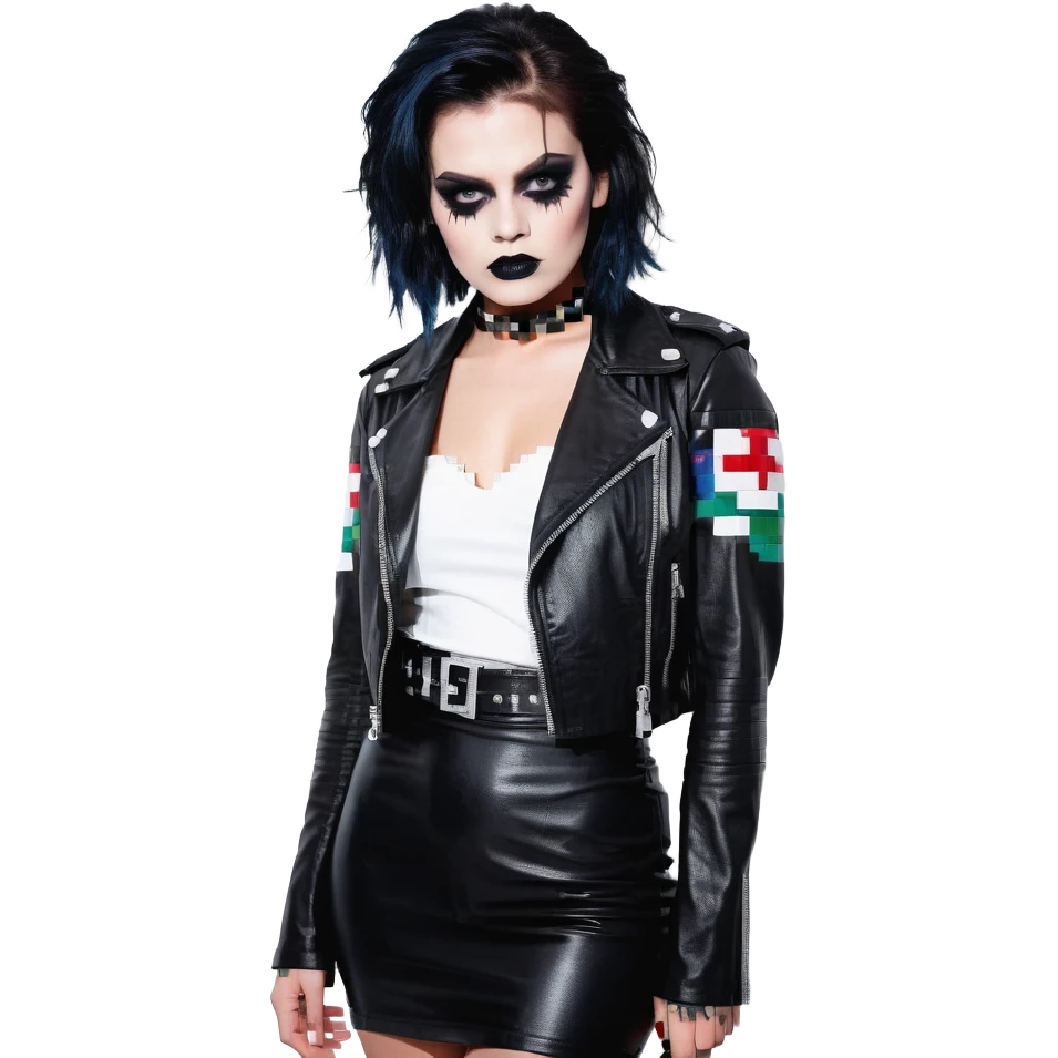 Chucky's bride wearing a black dress and black leather jacket, with dark makeup emoji