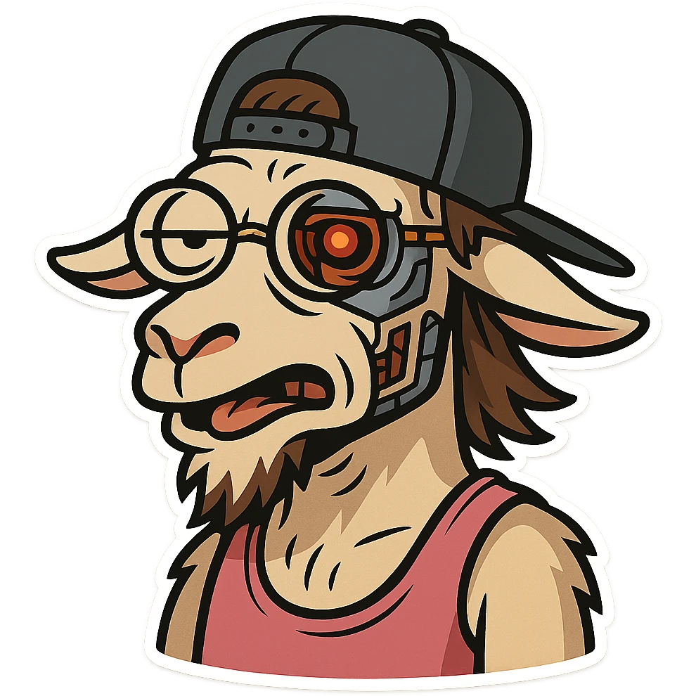 goat-terminator for Telegram stickers inspired by reference https://attic.sh/feoducyurkpqwz0la088soao98sx: wearing a cap, glasses, mullet hairstyle, pink drunkard tank top.  emoji