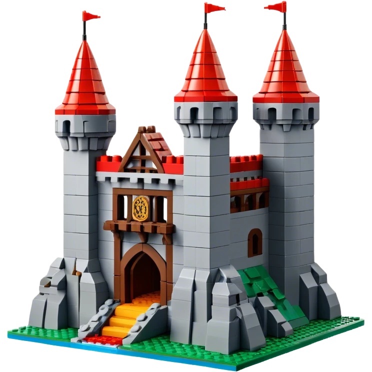 A photorealistic icon featuring a large medieval castle built from LEGO bricks, with detailed textures of the bricks, turrets, and drawbridge. The design captures the creativity and intricacy of LEGO construction with vibrant colors and realistic lighting. Transparent background emoji