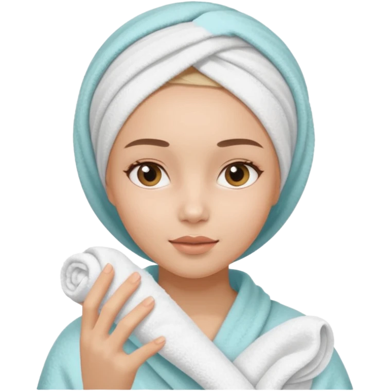 A gril that her head covered with towel and skincare plis hide the hair and this girl shuold be using a skincare product emoji