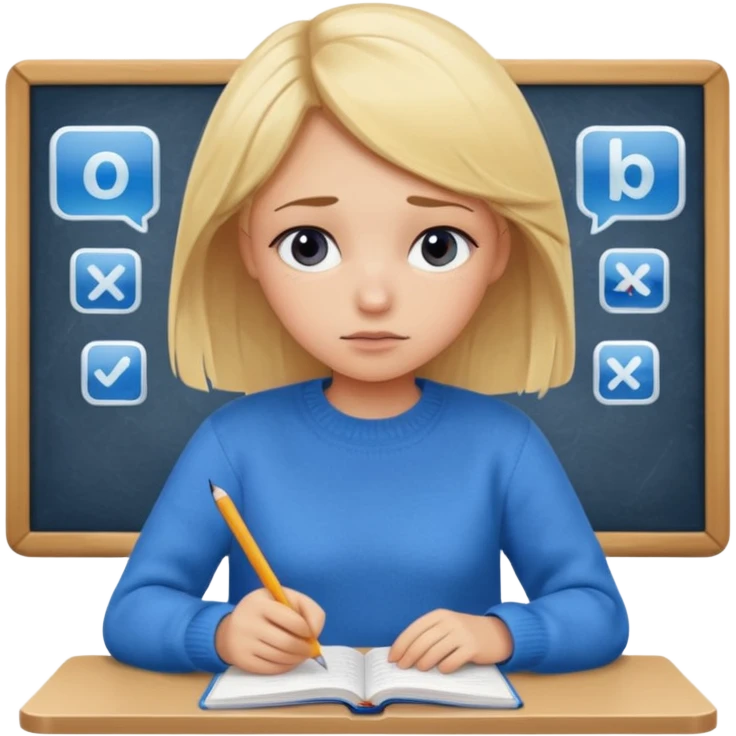 blonde girl in a blue sweater with a tired look studies lessons emoji ios 18.1 emoji