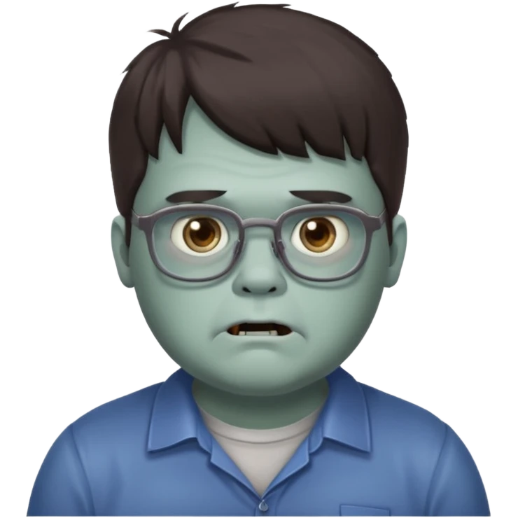 An emoji of a slightly chubby male zombie with dark brown hair and bangs down to his eyebrows, wearing square, bluish glasses. emoji