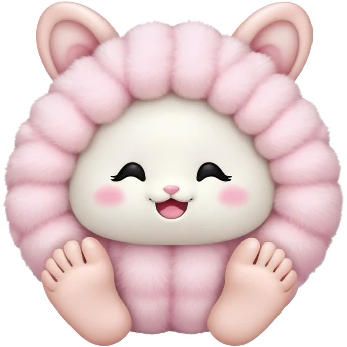 a fluffy toy with a light pink colored shell and ears and a white face and feet, with a cute black closed eyes and mouth emoji