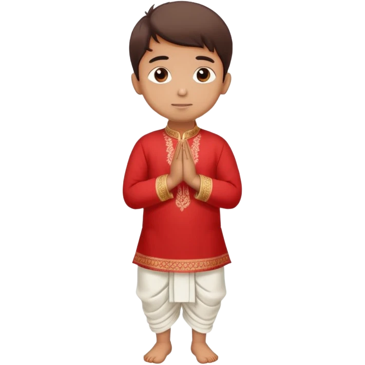 Full body Bengali boy wearing traditional red kurti and white dhoti with hands joined in prayer position emoji