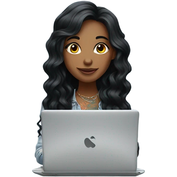 beautiful girl, with tattoos, with long black hair, wavy hair, argentin, with laptop emoji