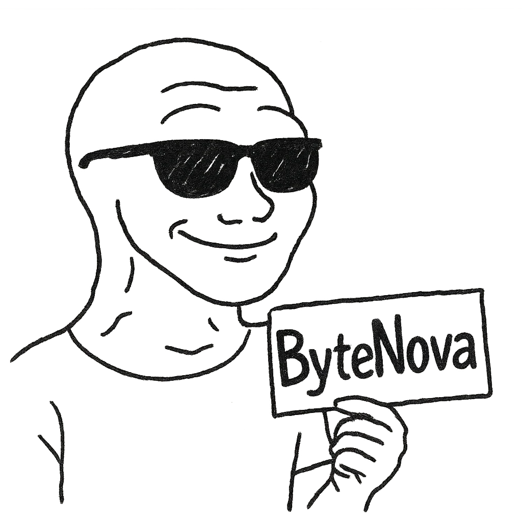 yellow ChillGuy meme character holding 'ByteNova' text, relaxed and cool vibe emoji