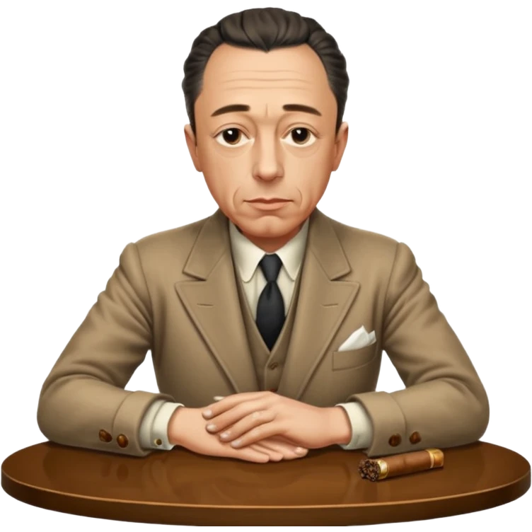 Albert Camus with a small cigar between his fingers, and with his both arms folded together loosely on the table. He looks chic, intellectual, philosophical, yet not so serious, thus so having fatal charm and attractive. emoji