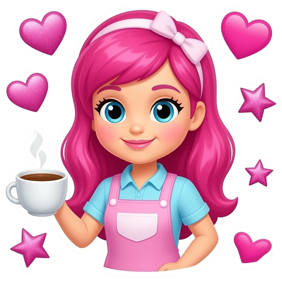 Stickers: hearts, stars, glitter accents characters mascot for barbie cafe like barista inspired by barbie colour pallete emoji