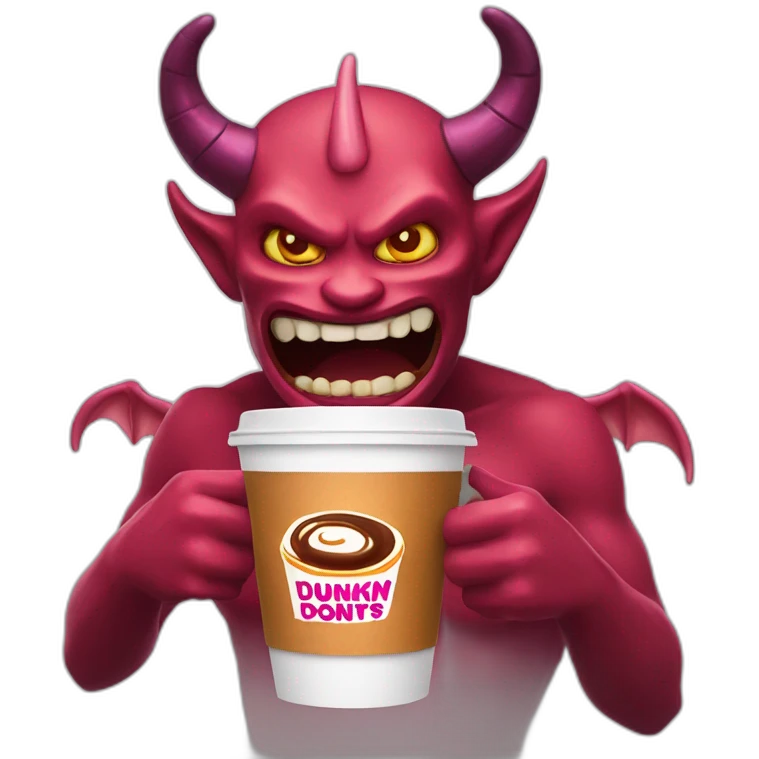 a demon holding a dunkin donuts coffee cup emoji