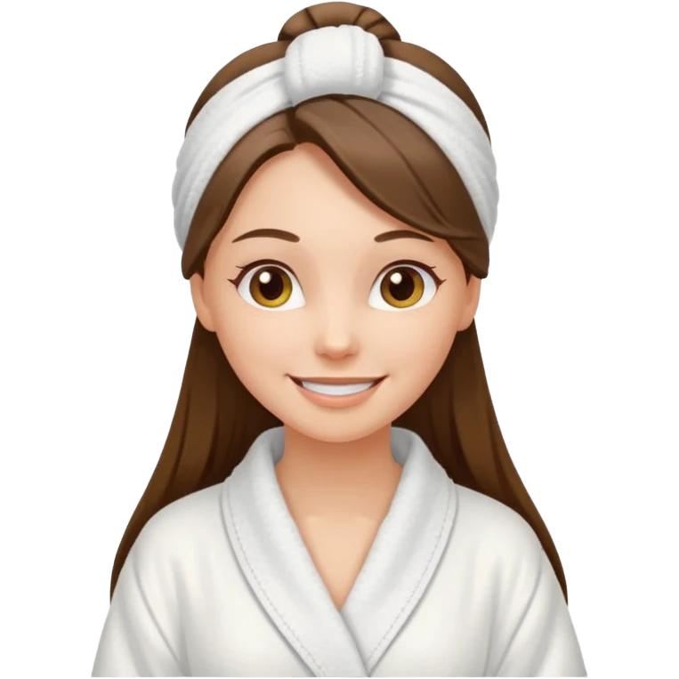 happy white long brunette hair girl with hazel eyes in a bathrobe and her hair tied up in a towel emoji