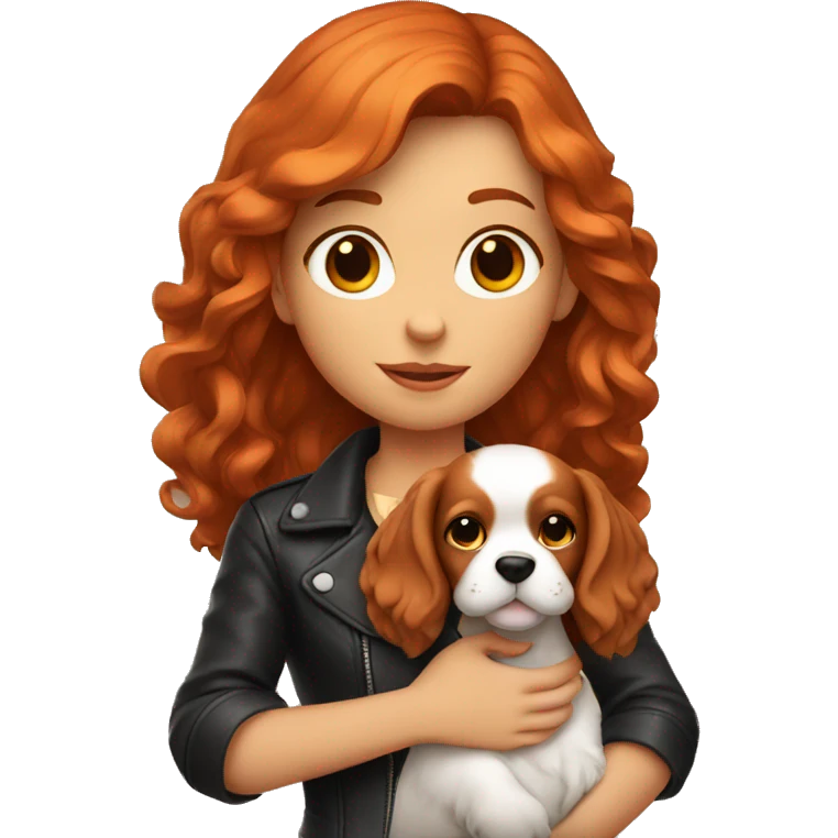red-haired girl in leather holding a Cavalier puppy emoji