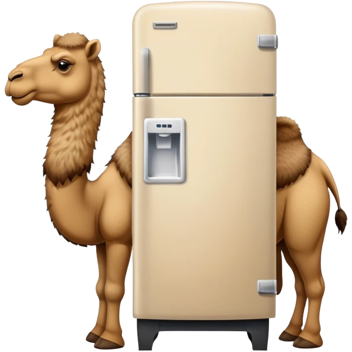 A white refrigerator with a camel head sticking out from the top and four camel legs with Timberland boots coming out from the bottom emoji