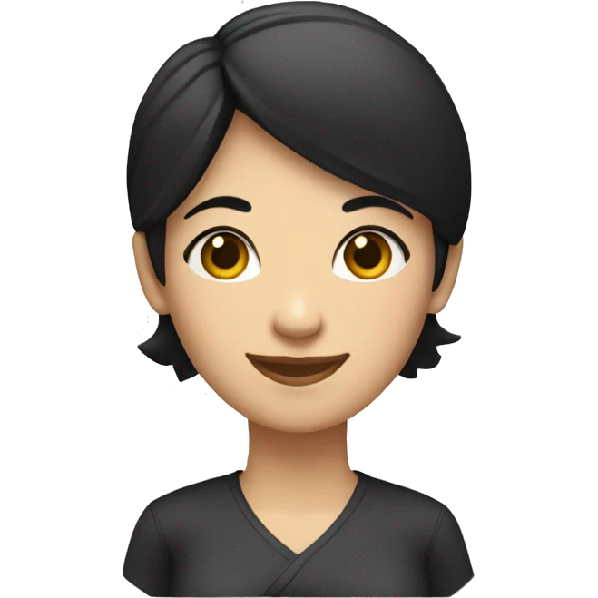 A white woman with straight black hair slightly to the side, arms crossed, smiling, and winking. emoji