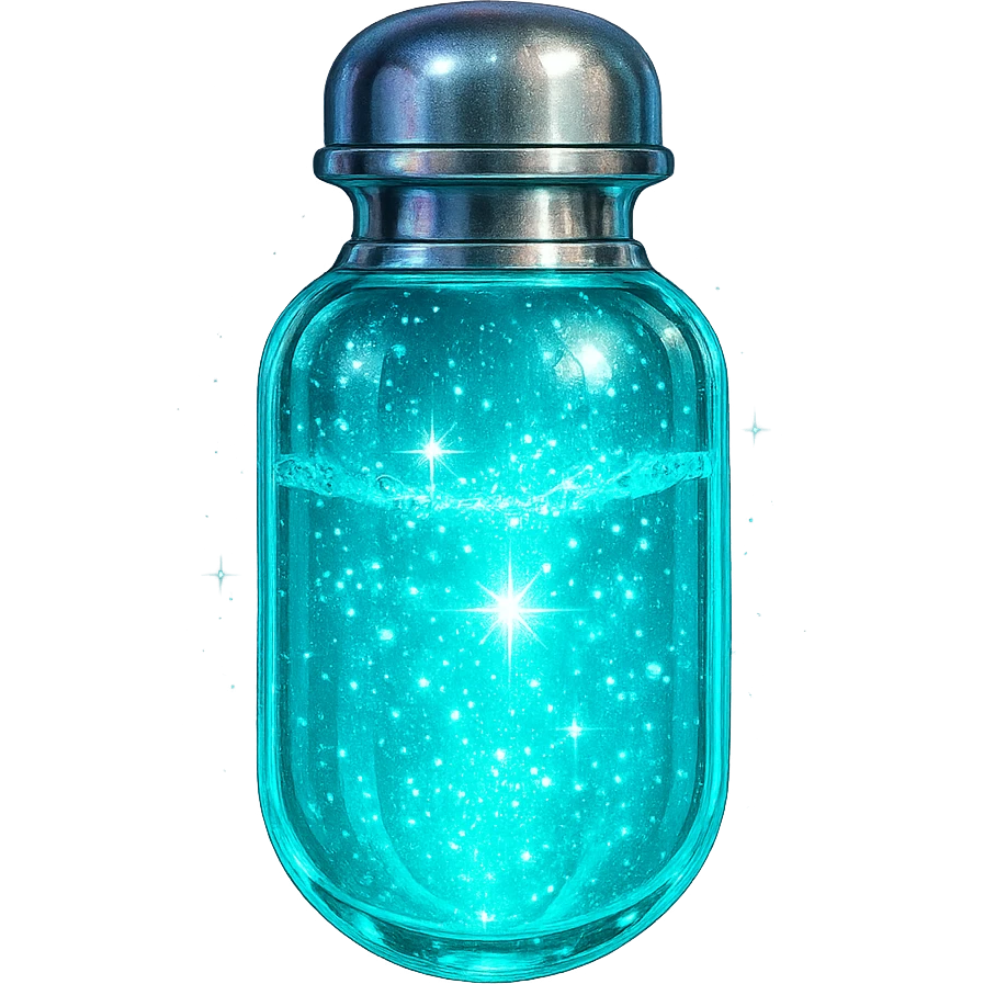 capsule-shaped luxurious elixir bottle, cyan color, iridescent and silver details, intense magical glowing and sparkling effects, very small neck, seamless bottom, transparent background, floating, no base or shadow, modern, matching a collection emoji