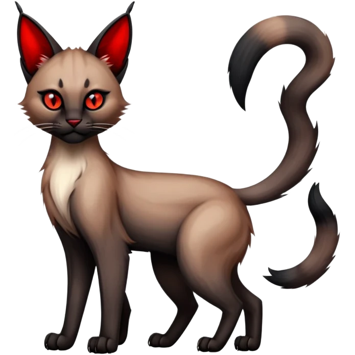 Gothic exotic Red and black and edgy and cute shiny Fantasy-Siamese-Bobcat-Caracal-Lykoi-feline-Fakémon-feline-hybrid (full body) emoji