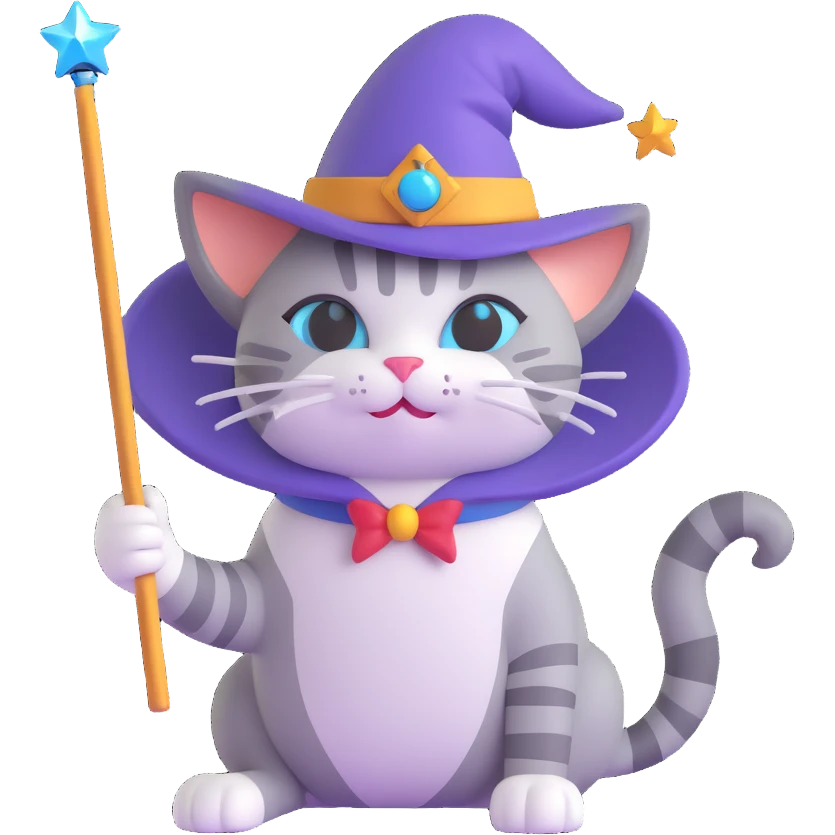 A cat wizard with a pointy hat and a magic wand with a cat companion. emoji