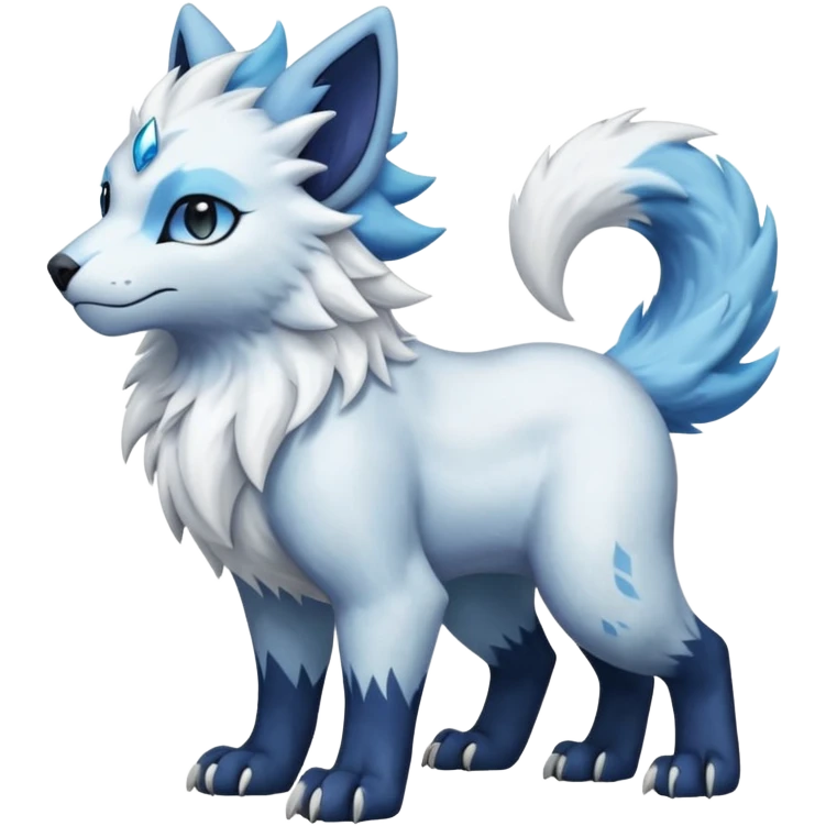 Icy glistening flaky scaly furry flurry hyper-realistic cozy boreal boreal-lupus-Lunaray-Manectric-Absol-Luxray-Bobcat-Fakémon-fusion-animal-creature, full body  emoji