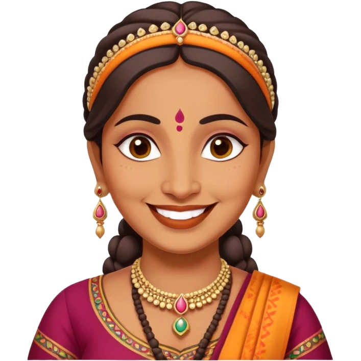 A cheerful Indian aunt (mausi) character with a plump face, smiling, wearing traditional Indian clothing and a bindi emoji