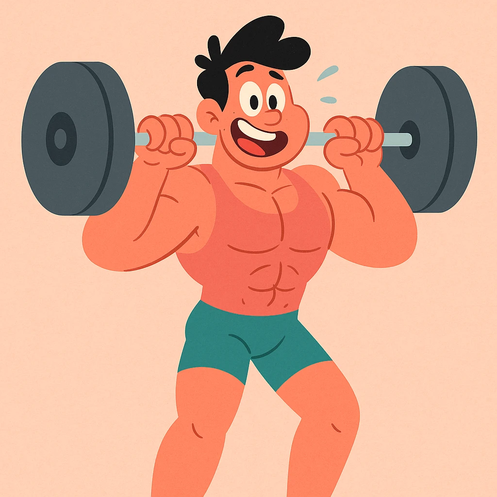 A muscular cartoon character lifting weights, CalArts 2010s cartoon style emoji