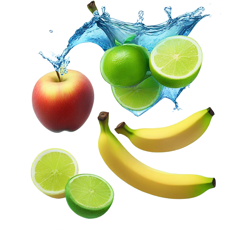 BANANA APPLE LEMON AND LIME WITH ICE CUBES water splash emoji