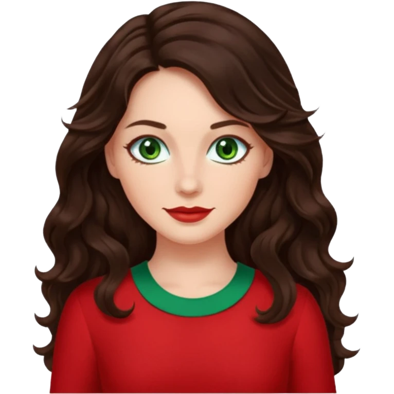 Leslie Bryant from Summer of Fear with long dark brown wavy hair, green eyes, red outfit emoji