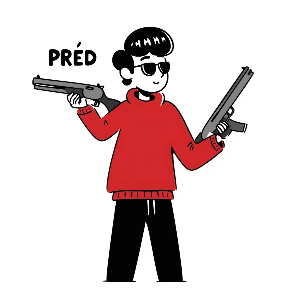A guy in a red sweatshirt with sunglasses, with stylish black hair, holding a machine gun, and behind his back you can see the inscription: PRED emoji