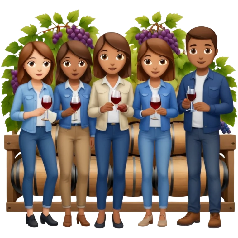 Make a photo of 5 project managers, specifically 3 girls with brown hair and 2 boys, that are making project for improvement of the winery emoji