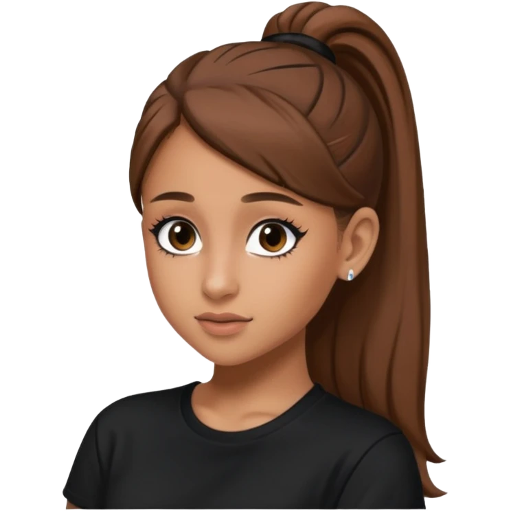 Ariana Grande high ponytaw with brown hair and with black thsirt and and eyeliner make her look 20 emoji