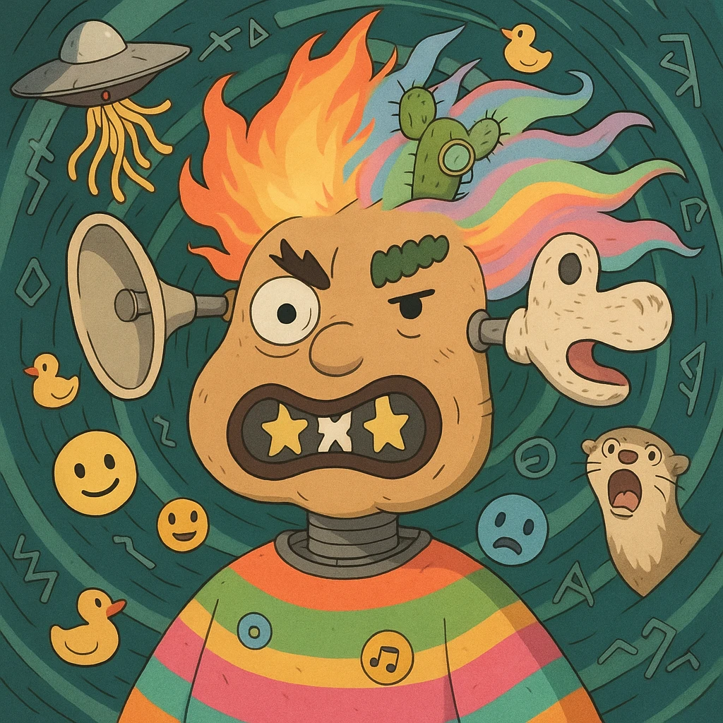 chaotic character with lumpy stretched potato face, mismatched eyes (one googly, one angry dot), glitching mouth, star teeth, big nostril, wild eyebrows (lightning bolt, caterpillar), satellite dish and sock puppet ears, explosive fire and pastel rainbow hair with cactus wearing monocle, UFO dropping spaghetti, robotic body in neon poncho with floating emojis, vortex background with rubber ducks, runes, screaming ferret emoji