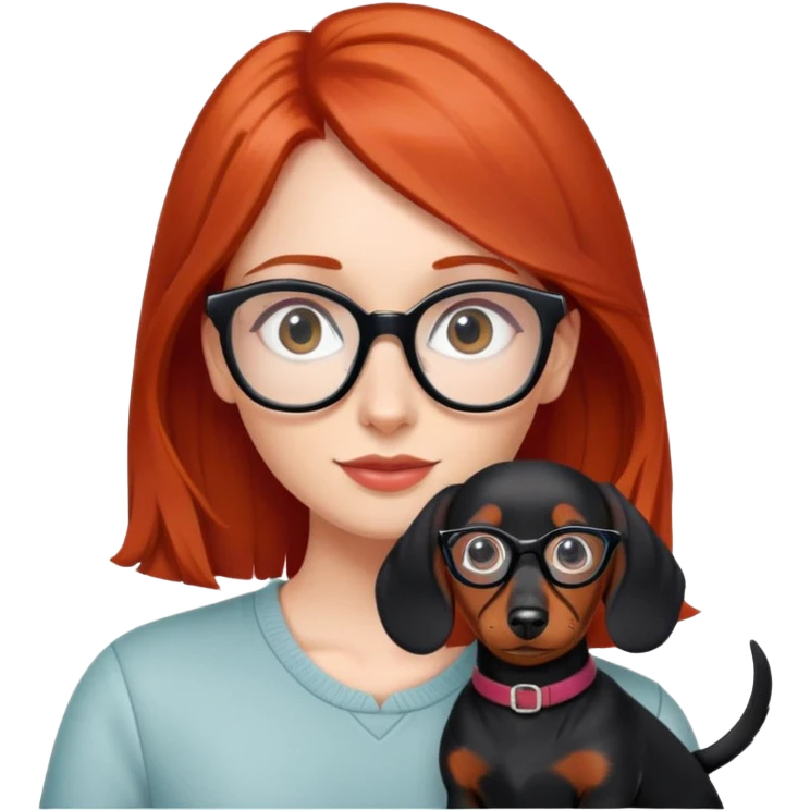 red-haired girl with glasses with a black dachshund emoji