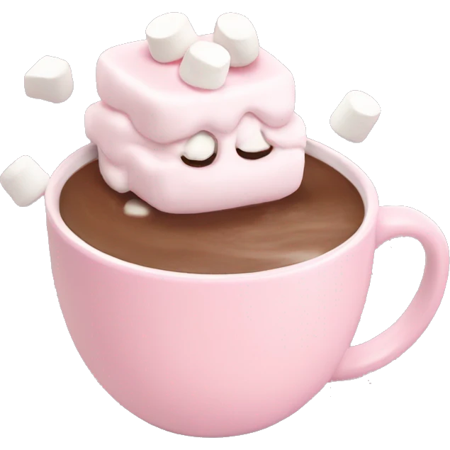 pastel pink mug with  hot chocolate and mini marshmallows  emoji