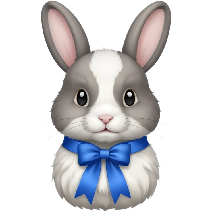 a white and black realistic domestic rabbit with a blue ribbon on its neck emoji