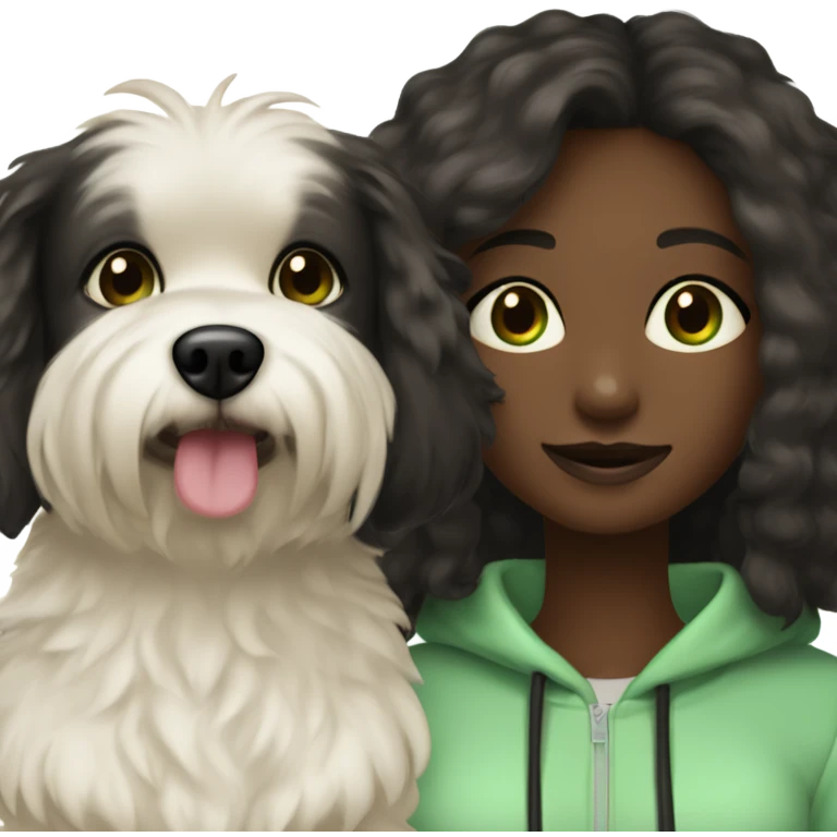 Little black furry dog next to pretty girl with long brown hair green eyes and a comfortable cream colored sweatsuit emoji