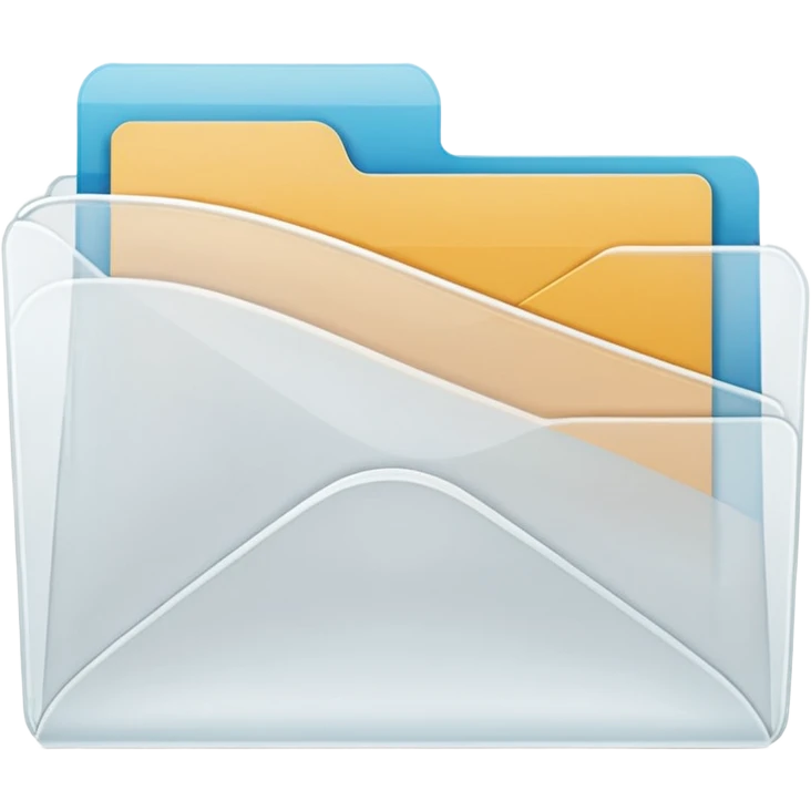 A simple emoji-style icon of a transparent white plastic folder, minimal and clean, with a visible envelope inside labeled “Henry Ballester”, subtle translucency, rounded corners, and soft shading. emoji