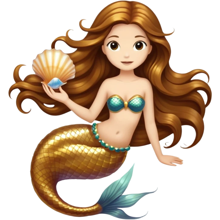Golden mermaid with long brown hair and seashells emoji
