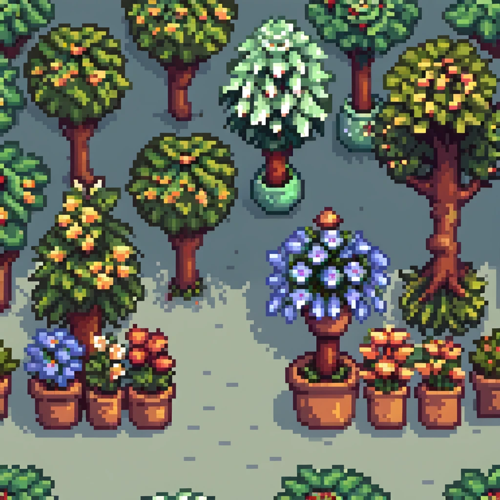 garden scene with flowers, trees, and plants emoji
